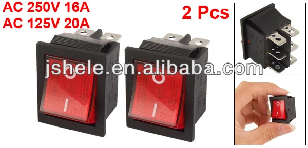 RED NEON ROCKER SWITCH POWER ON OFF DOUBLE POLE 4 PIN 23X34230V 16A CHROME 