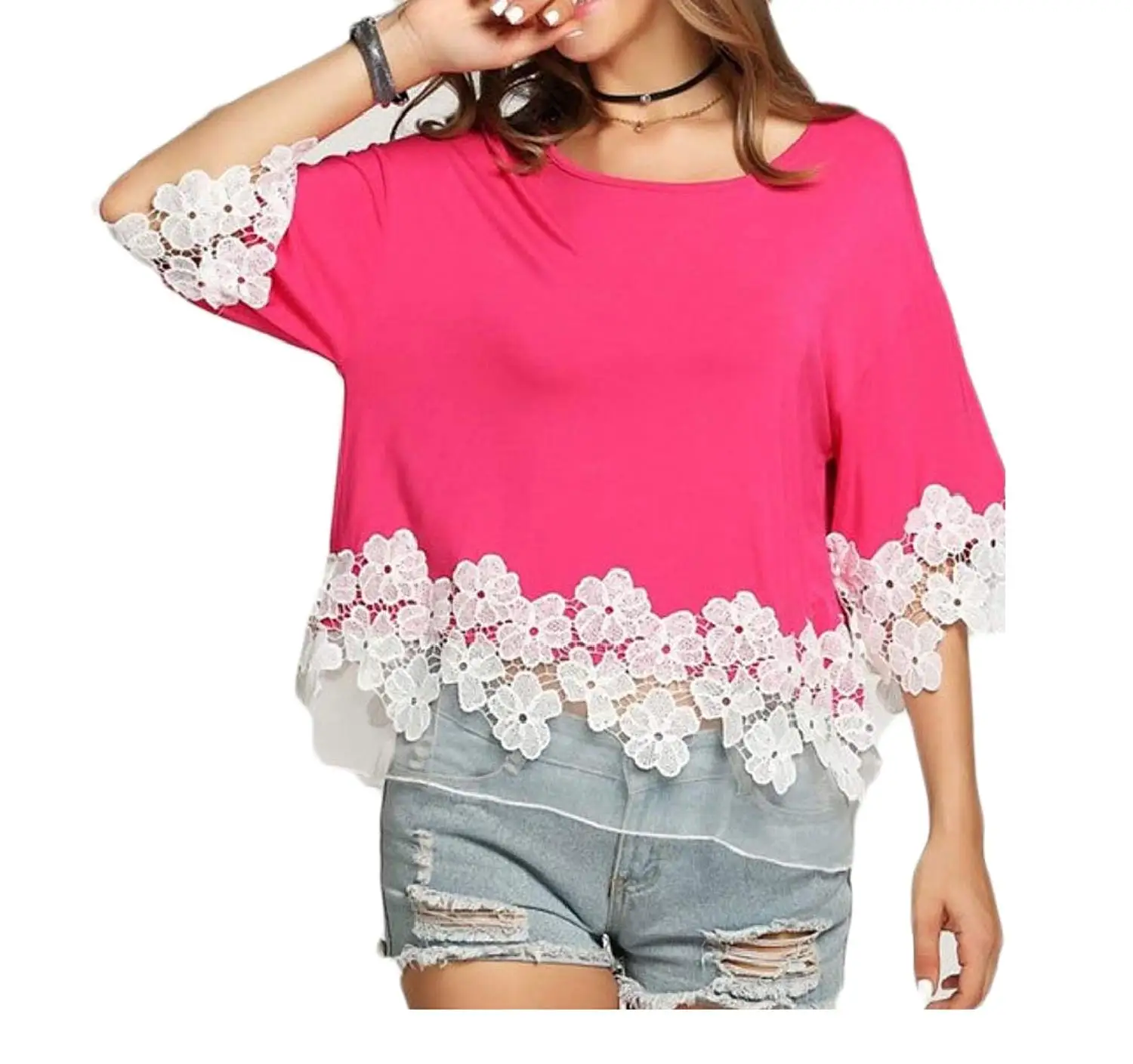Zimaes-Women Fashion Crop Top Crew-Neck Patchwork Loose T-Shirts