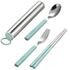 Amazon Hot Sale 3Pcs Portable Stainless Steel Cutlery Set Flower Painting Fork Dinner Tableware Set Tableware Case Kit