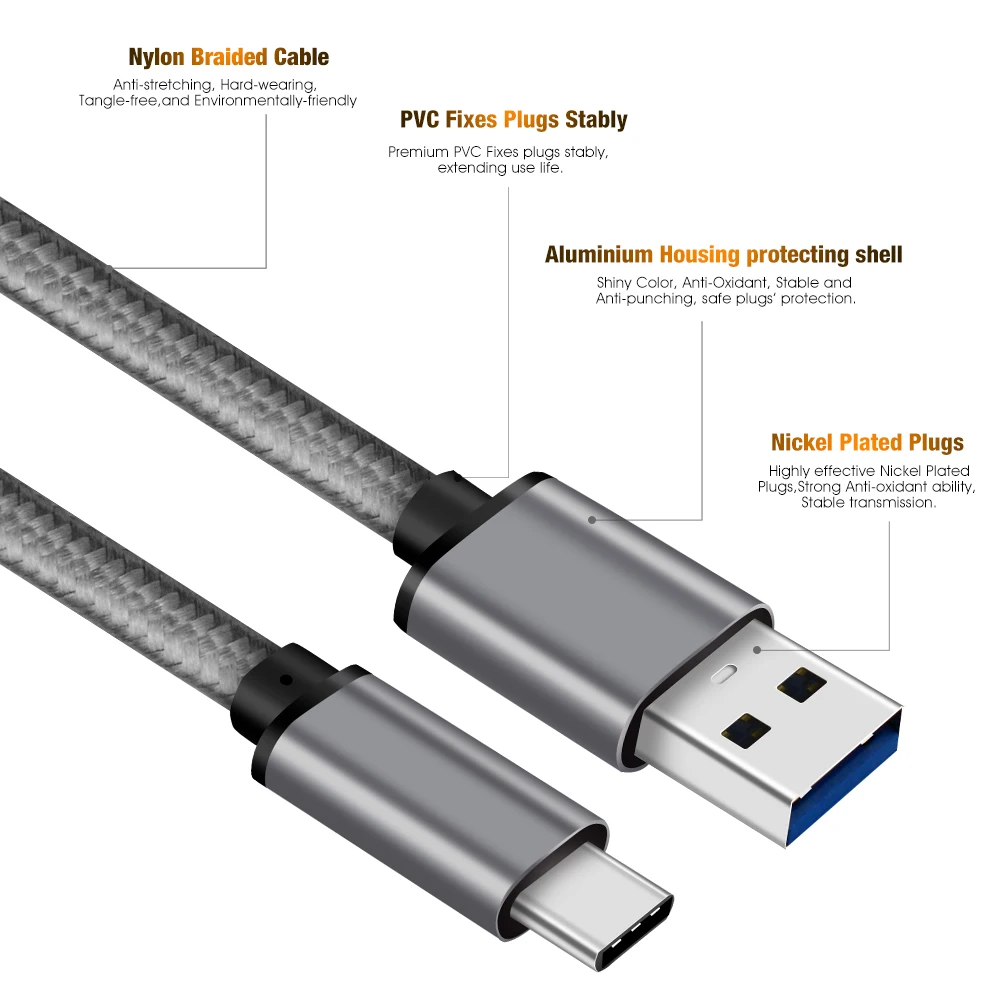 space gray nylon sleeve braided fast charging usb 3.1 type c cable to usb A