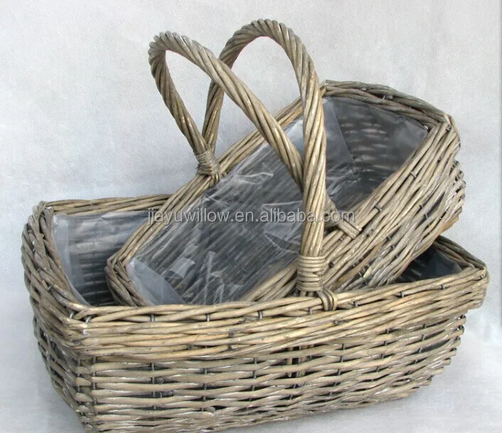 100handmade Natural Plastic Lined Grey Wicker Flower Plant Basket