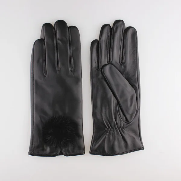 women fashion black patent leather glove with fur ball
