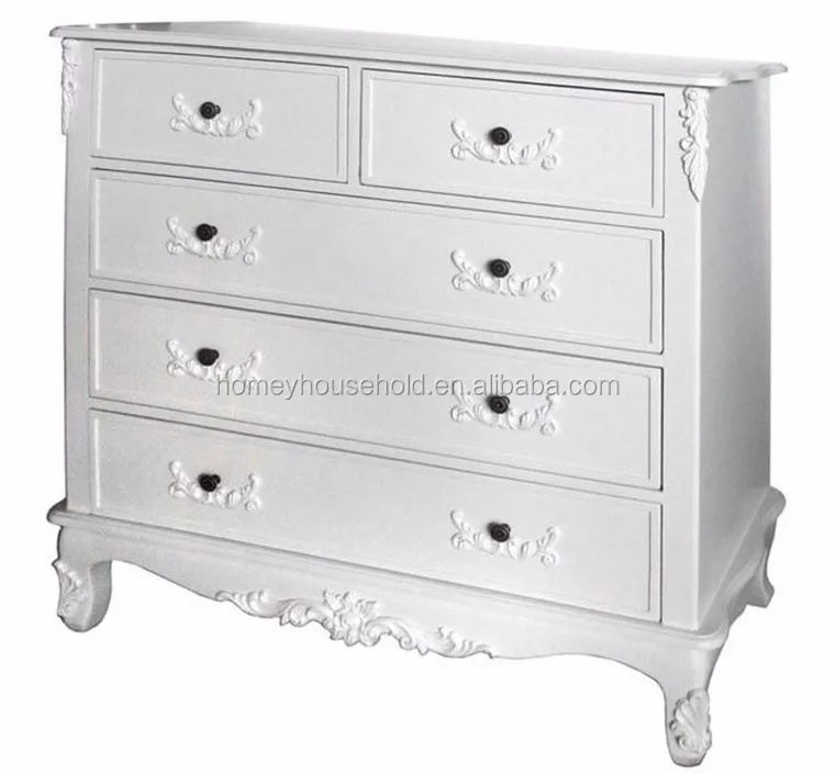 Ornate White Painted Five Drawer Chest Of Drawers For Clothing