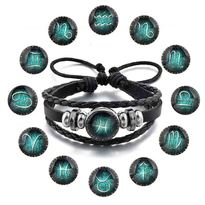 Fashion Jewelry Diy Handmade Weave12 Zodiac Signs Adjustable Leather