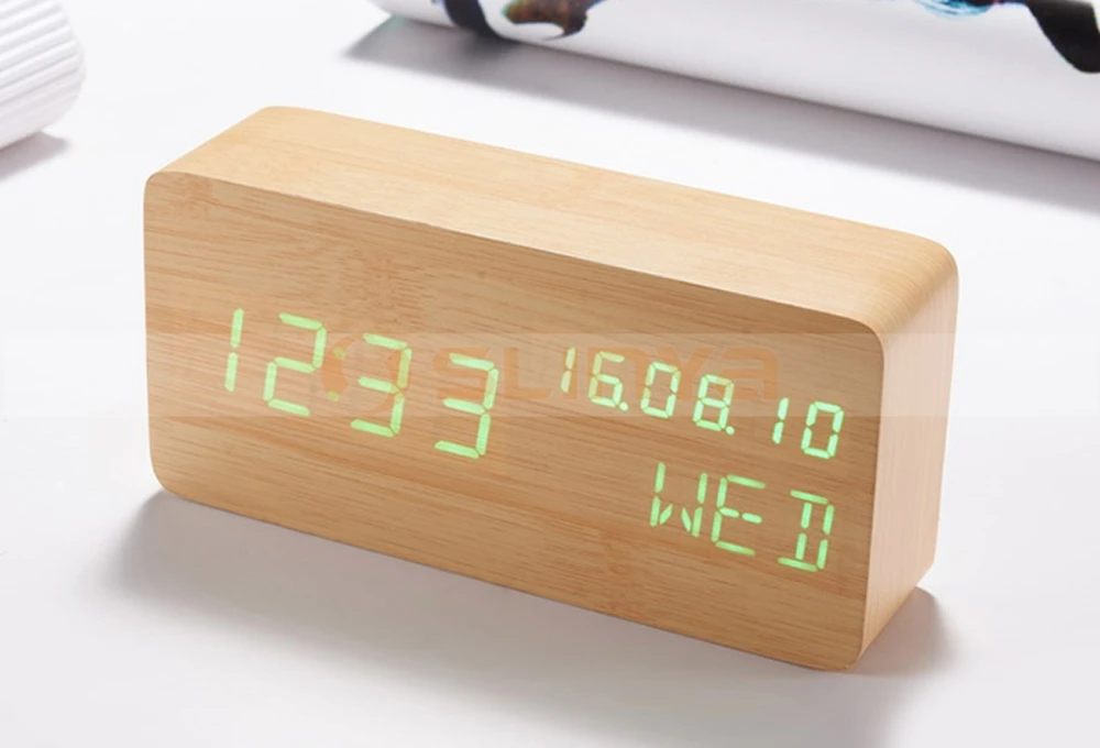 Mini Led Table Clock Multistyle Wooden Digital Clock With Week Display