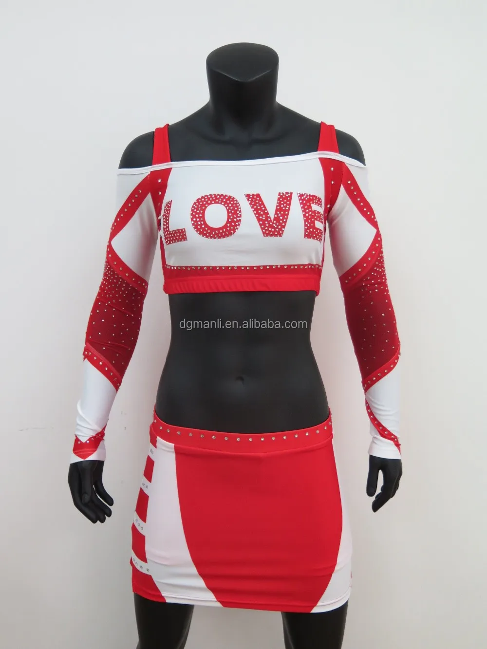 Red Color Mesh Fabric Clear Crystal Strips Design Crop Top Cheerleading