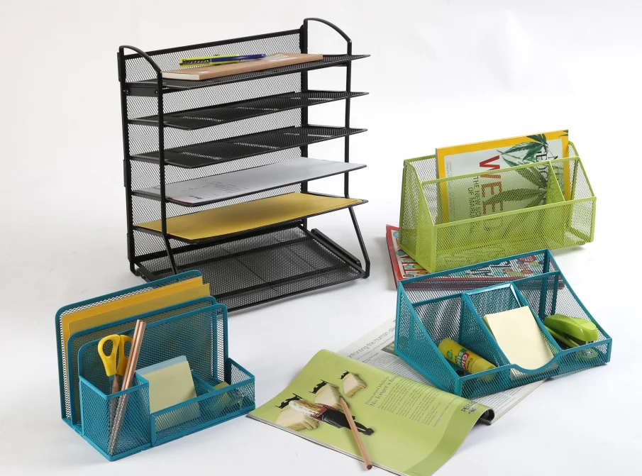 Metal Mesh Office Desk Organizer With Sliding Drawer,Double Document