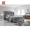 Wing Back Chesterfield King Size Bed Frame Modern Bed Grey Velvet Fabric Button Bed