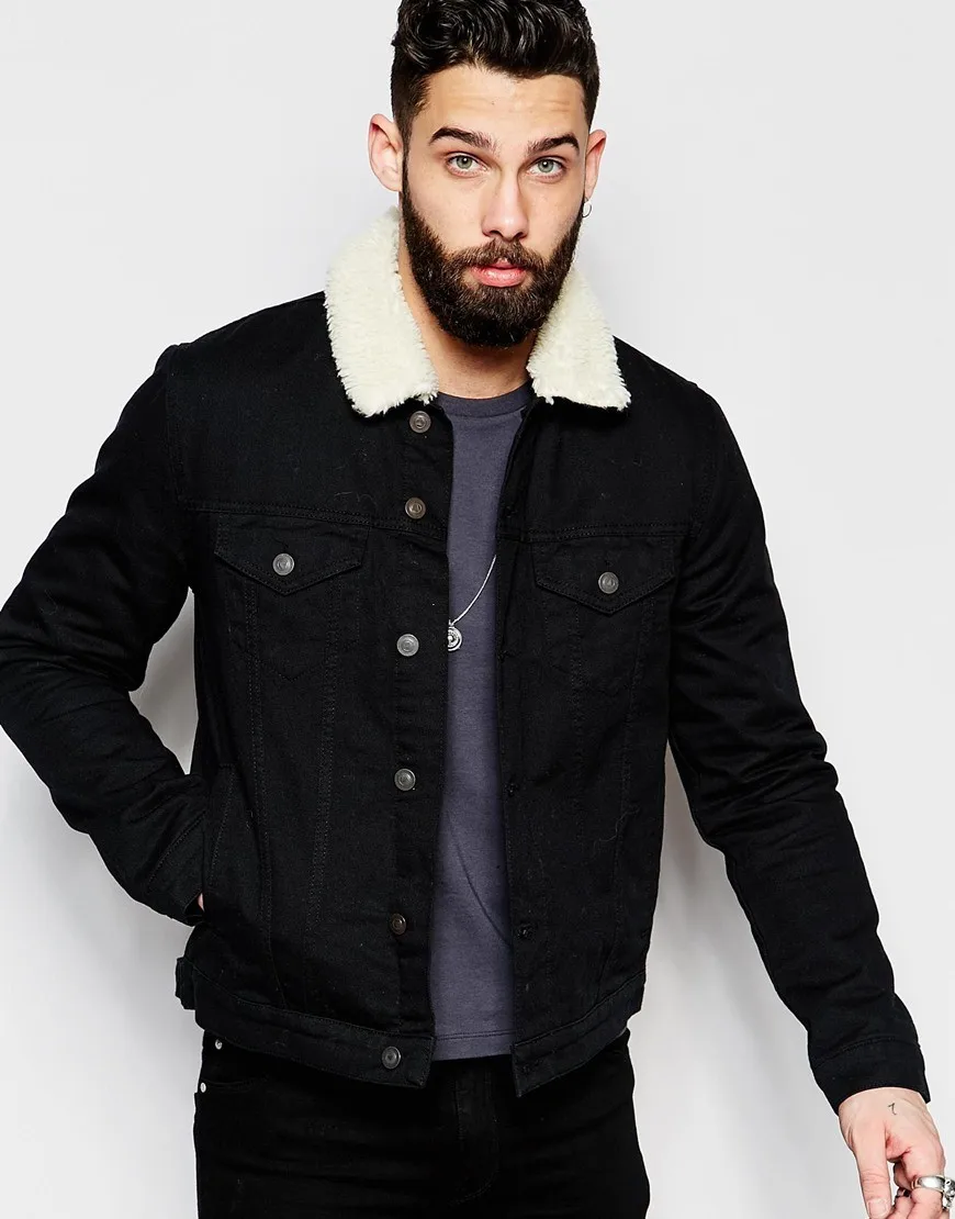 Denim Jacket  With Borg Collar In Black Wash Casual Jeans 