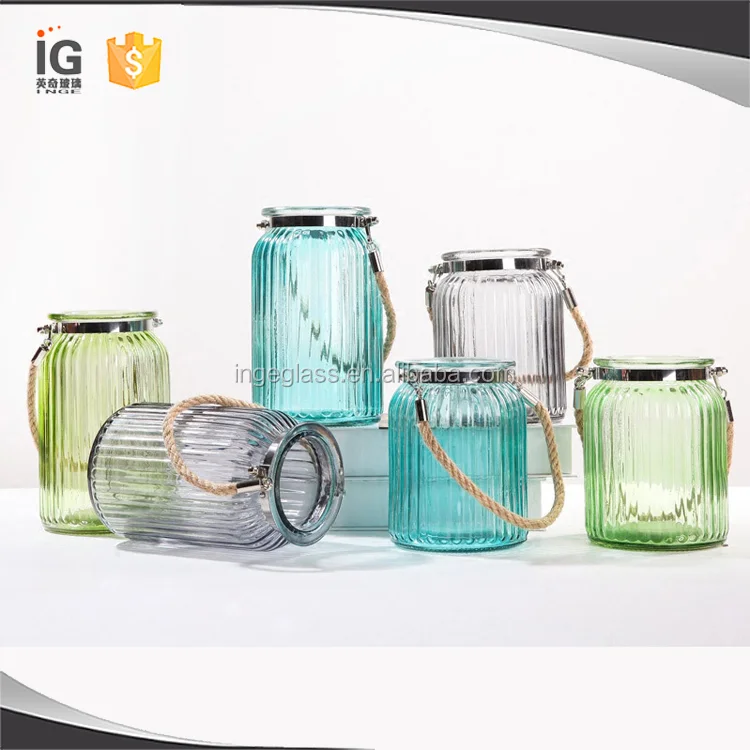 Round Glass Candle Holder With Rope Handle,Rope Handle Glass Lantern