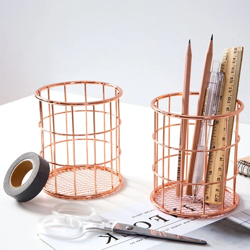 Rose Gold Metal Wire Mesh Desk Stationery Supplies Organizer Makeup