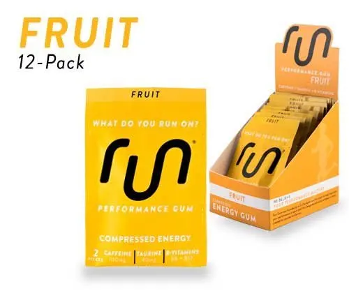 RUN GUM Fruit Energy Gum 50mg Caffeine Taurine & B-Vitamins Per Piece, 24 Pieces (Pack of 12), 2 Pieces = 1 coffee or Energy drink, Sugar Free, Zero Calorie