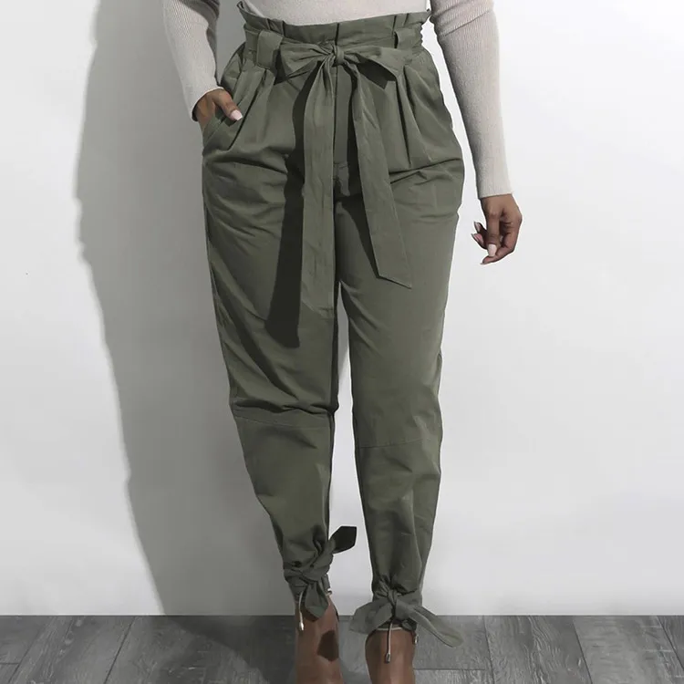 Blended Fabric High Waist Casual Long Pants Pure Color Bandage Woman ...