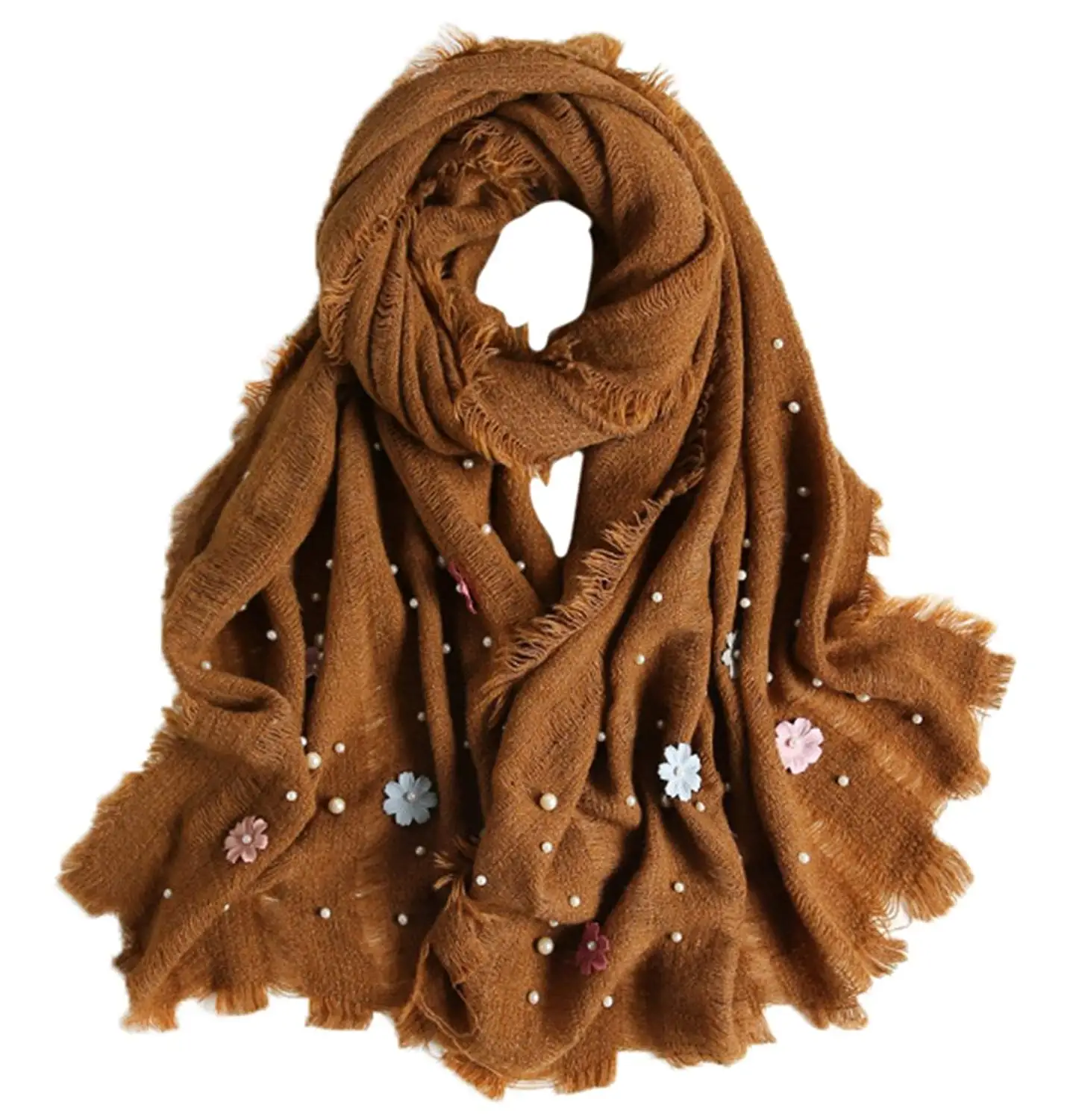Candy Colors Women Fashion Scarf Decorated with Small Flowers and Pearls Long Large Lady Tassels Shawl