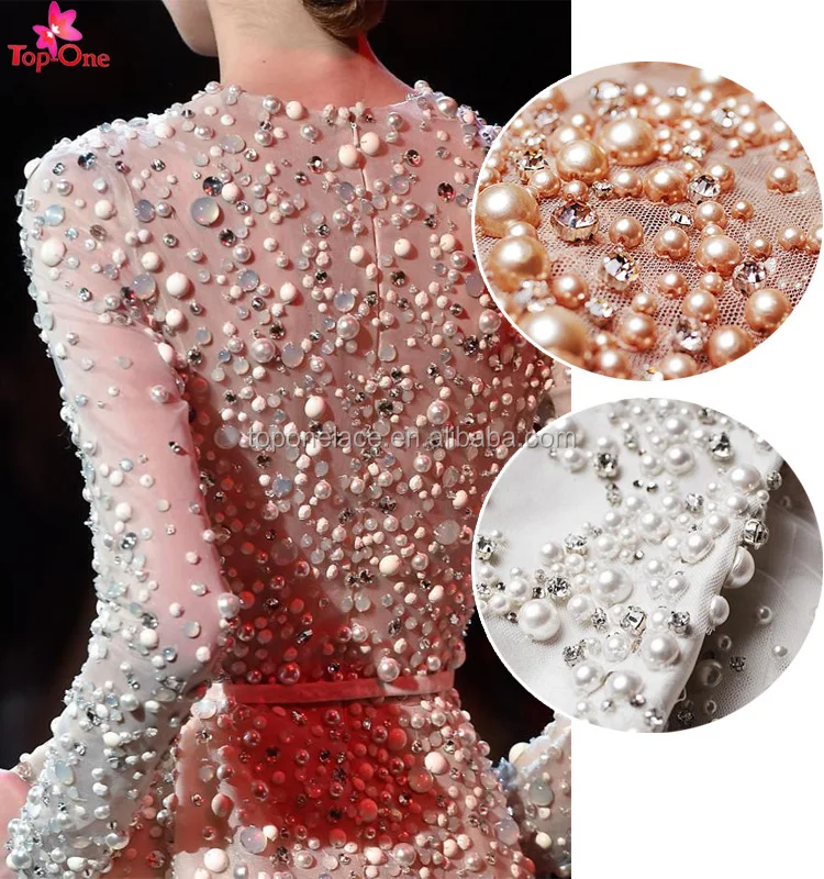 Whole Haute Couture Heavy Beaded Lace Fabric With Embroidery On Whole Haute Couture Heavy Beaded Lace Fabric With Embroidery On Mesh French Border Product