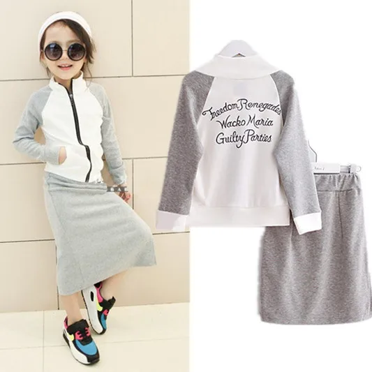 Korean children's leisure sports zipper jacket spring and autumn spring clothing +skirt 2pcs suit discount kids clothes online