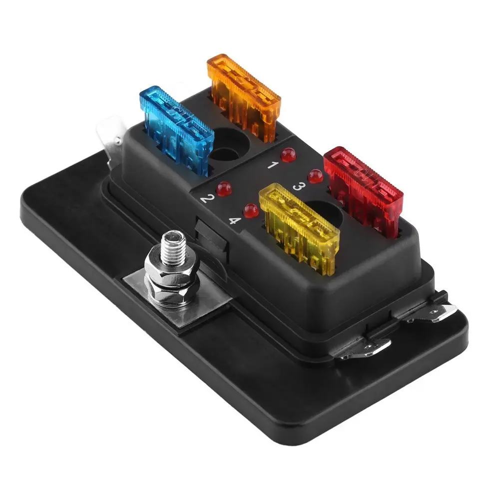 Get Quotations · 4 Way Circuit Blade Fuse Box Block Holder with LED Indicator Warning Light for Car Van
