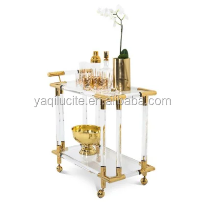 
Gold metal classic bar cart, two-tier hotel tea trolley liquor trolley with wheels luxury hotel furniture 