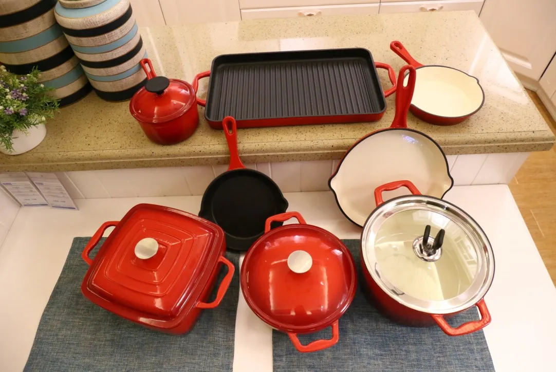 Kitchen Cookware Set Nonstick Red 12pcs Nonstick Enamel Cast Iron