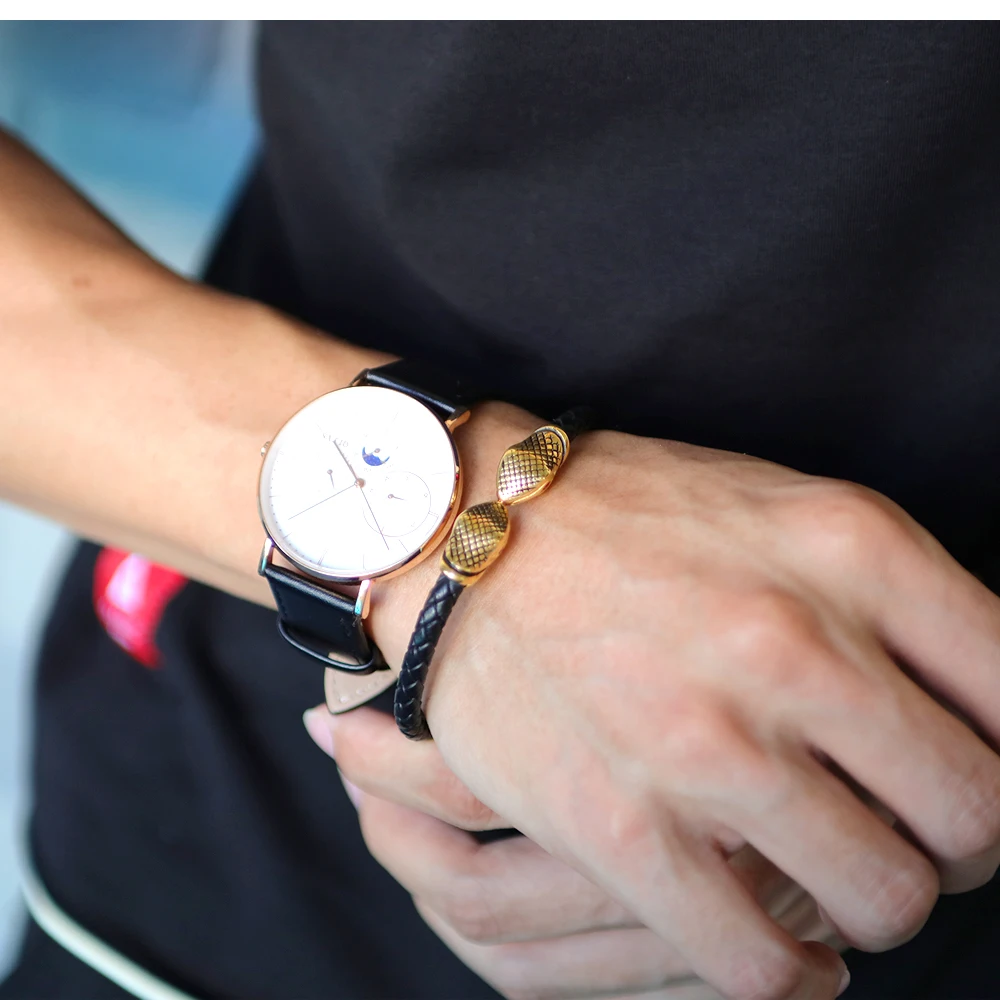 Custom Wholesale Mens Jewelry Braided Leather Stainless Steel Black Double Snake Bangle