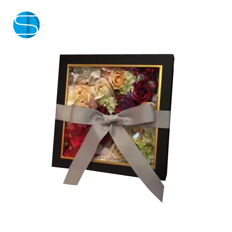Wholesale Romantic Rose Packing Square Ribbon Flower Boxes With Pvc