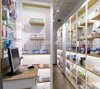 Pharmacy shop interior design wooden painted shelving with veneered shelf
