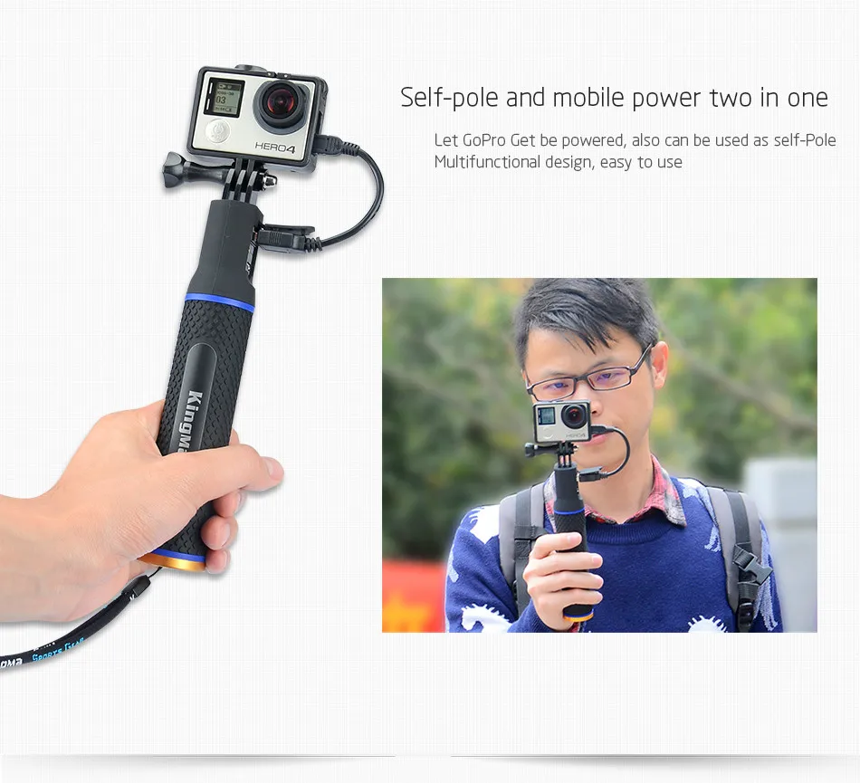 KingMa Monopod Selfie Stick with Build-In Power Bank 5200mAh for GoPro Xiaomi SJ4000 Action Cameras