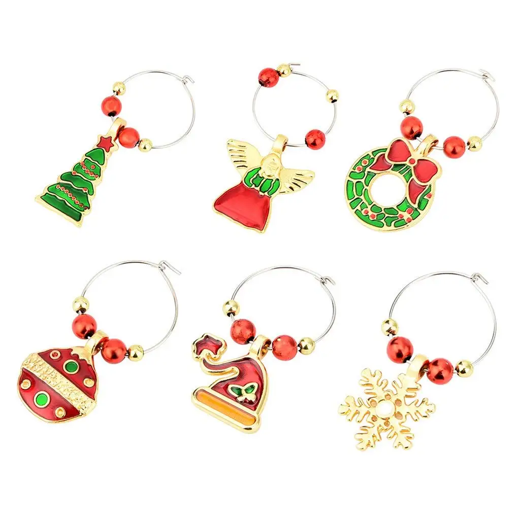 XGuangage 6pcs Christmas Tree Hat Snowman Charm Marker Wine Glass Marker Tags Party Bar Table Decorations