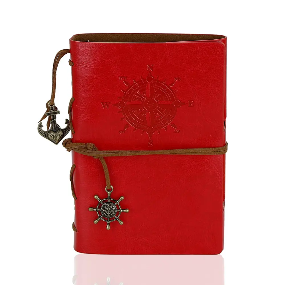 WeiBonD Refillable Vintage Leather 5” x 7” Writing Journal - Spiral Design Travel Journal notepad with Unlined Paper as Diary, Sketchbook, Travel journal (Red)