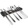 Outdoor Portable Picnic Stainless Steel Tableware with Bag Knife Fork Spoon Chopsticks Straws 6 Piece Suit Camping Trip Tools