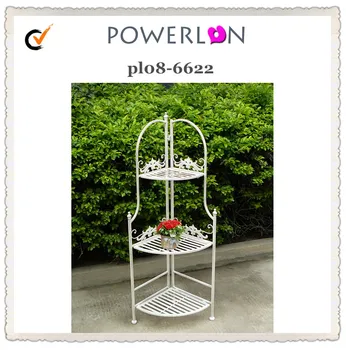 Beautiful White 3-tier Metal Garden Shelf Outdoor Corner Folding Plant