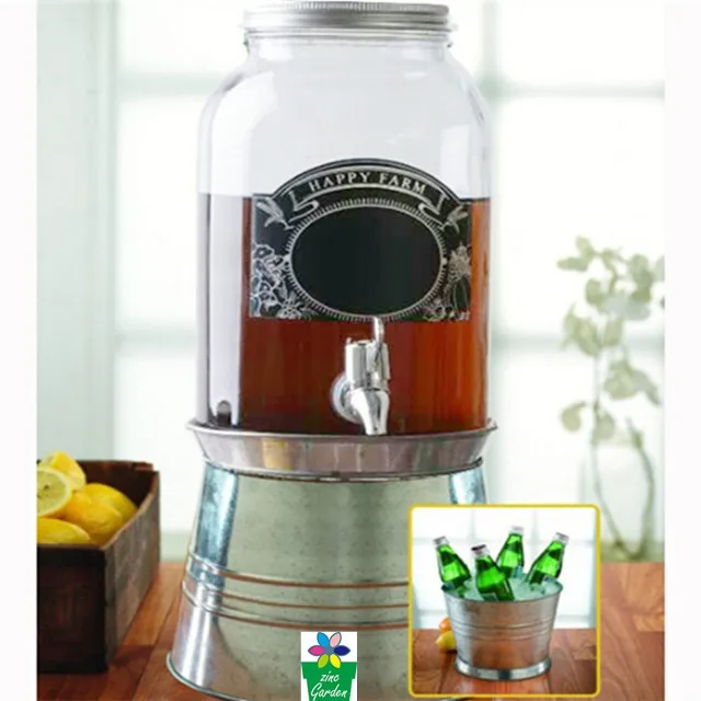 Glass Jar Mason Beverage Drink Dispenser With Metal Ice Bucket Stand
