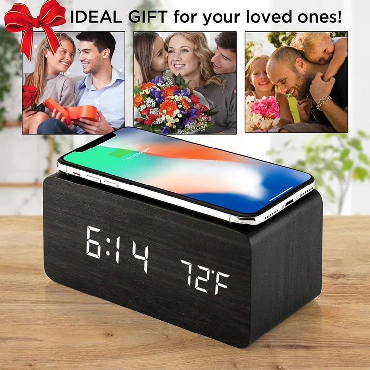 Creative Universal Led Wooden Alarm Clock With Qi Wireless Mobile Phone