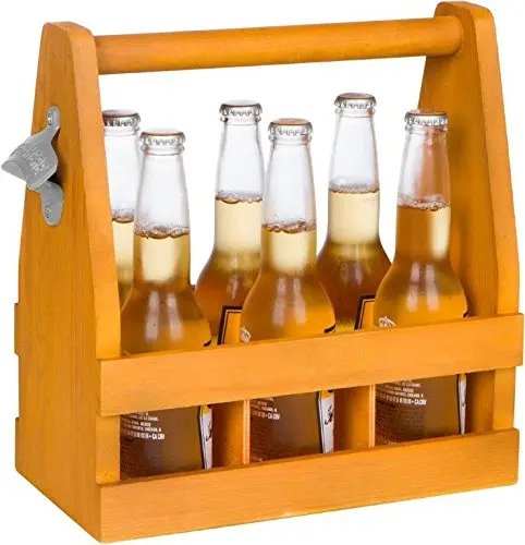 wooden 6 pack beer carrier with opener