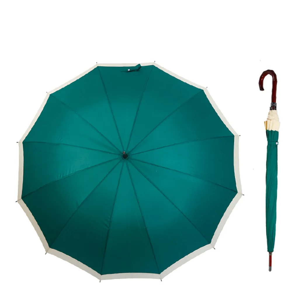 Dark Green 12 Ribs Golf Straight Umbrella With Wood Curved Handle Buy