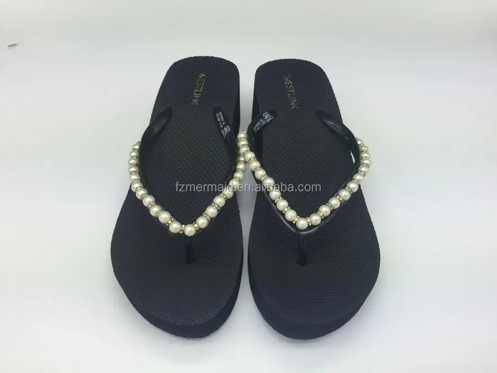2024 High Quality Cheap Factory Manufacture Fashion Pearl Wedge Shoes Flip Flop Slipper Ladies Heel Shoes