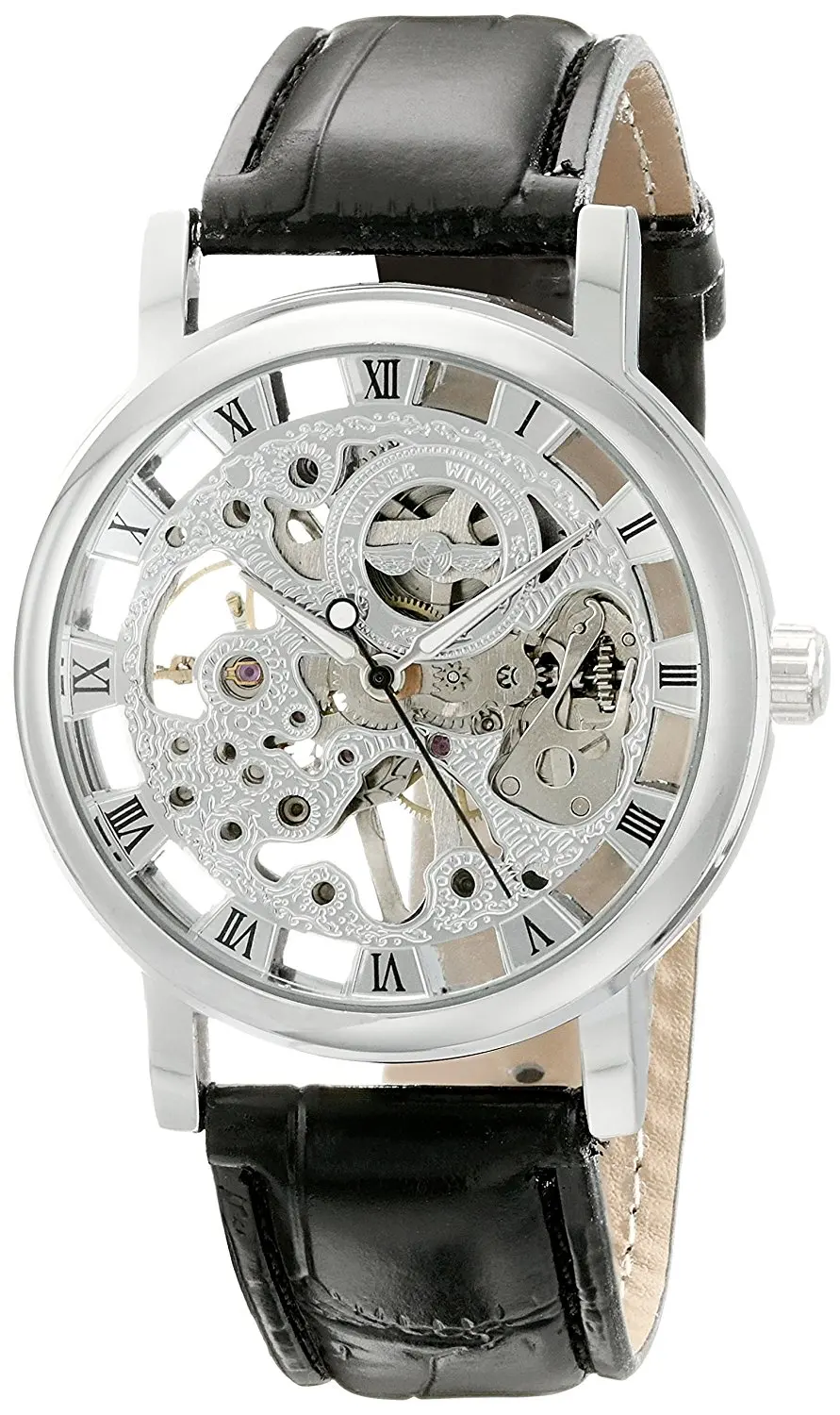 ShoppeWatch Mens Mechanical Skeleton Watch Hand Wind Up Movement Silver Dial Black Leather Strap MW-07