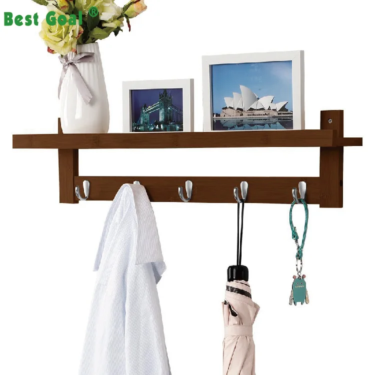 Wallmounted Bamboo Wooden Hook Coat Rack Shelf With 5 Metal Hooks Buy Wall Shelf,Wooden Shelf
