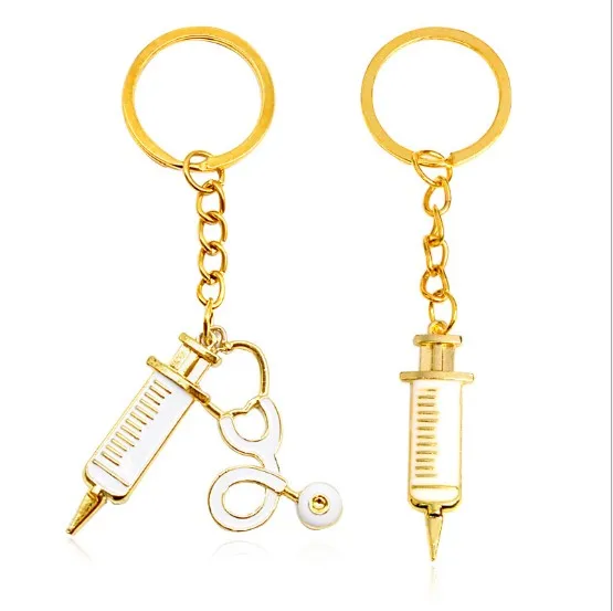 Syringe Stethoscope Keychain 2 Styles Metal Gold Medical Supplies