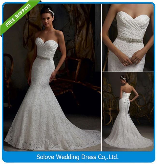 Pleat Bridal Wedding Gown Real Photos White Lace Cheap Mermaid Wedding Dress 2016 Vintage Sash Bride