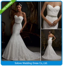 Pleat Bridal Wedding Gown Real Photos White Lace Cheap Mermaid Wedding Dress 2016 Vintage Sash Bride Dress vestido De noiva 2015