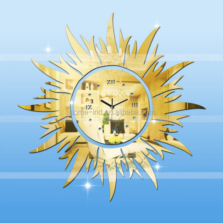 Golden Color Sun Shaped Wall Clock Luxury Fashion Design Acrylic Mirror