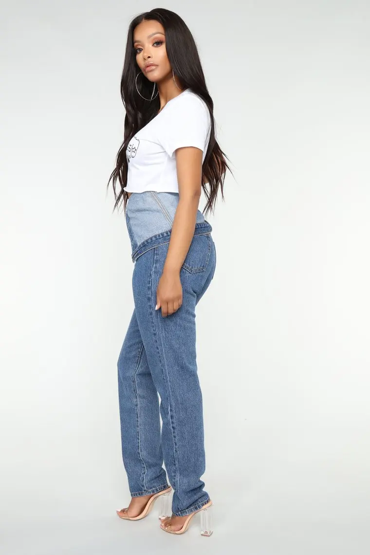 Fashion Oem Foldover Waist Boyfriend Denim Style Jeans Women
