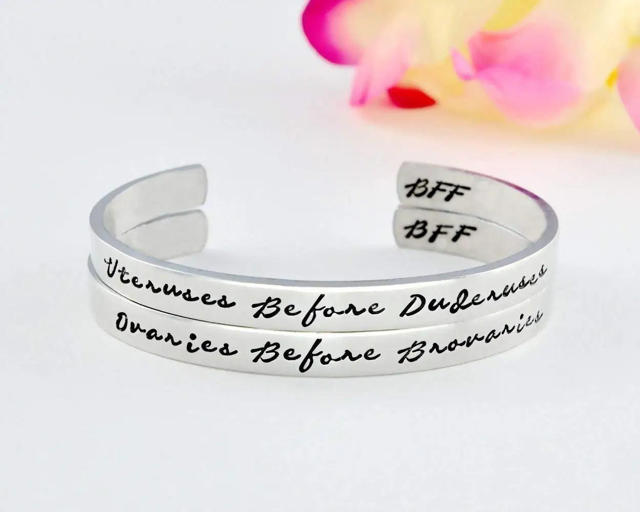 Ovaries Before Brovaries / Uteruses Before Duderuses - Hand Stamped Cuff Bracelet Set of 2, Leslie Knope Quote Bracelets, BFF Best Friends Fans Personalized Gifts
