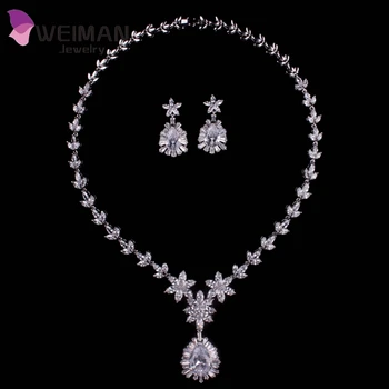 White Gold Plated Luxury Bridal Jewelry Teardrop Cz Diamond White Gold Plated Luxury Bridal Jewelry Teardrop Cz Diamond Necklace And Earrings Sets For Wedding