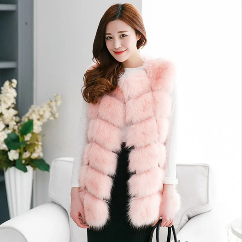 2017 new winter european style women's long plus size faux fox fur vest with pocket