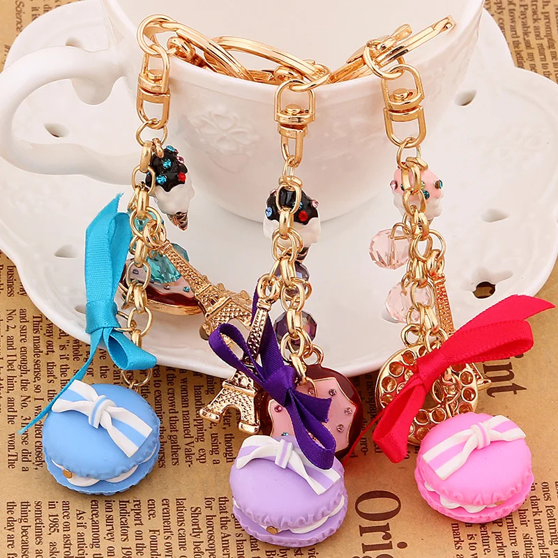 Novelty Charms Cake Macarons key chain rings metal eiffel tower keychain Fashion creative macaron bag key
