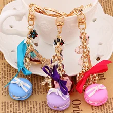 Novelty Charms Cake Macarons key chain rings metal eiffel tower keychain Fashion creative macaron bag key