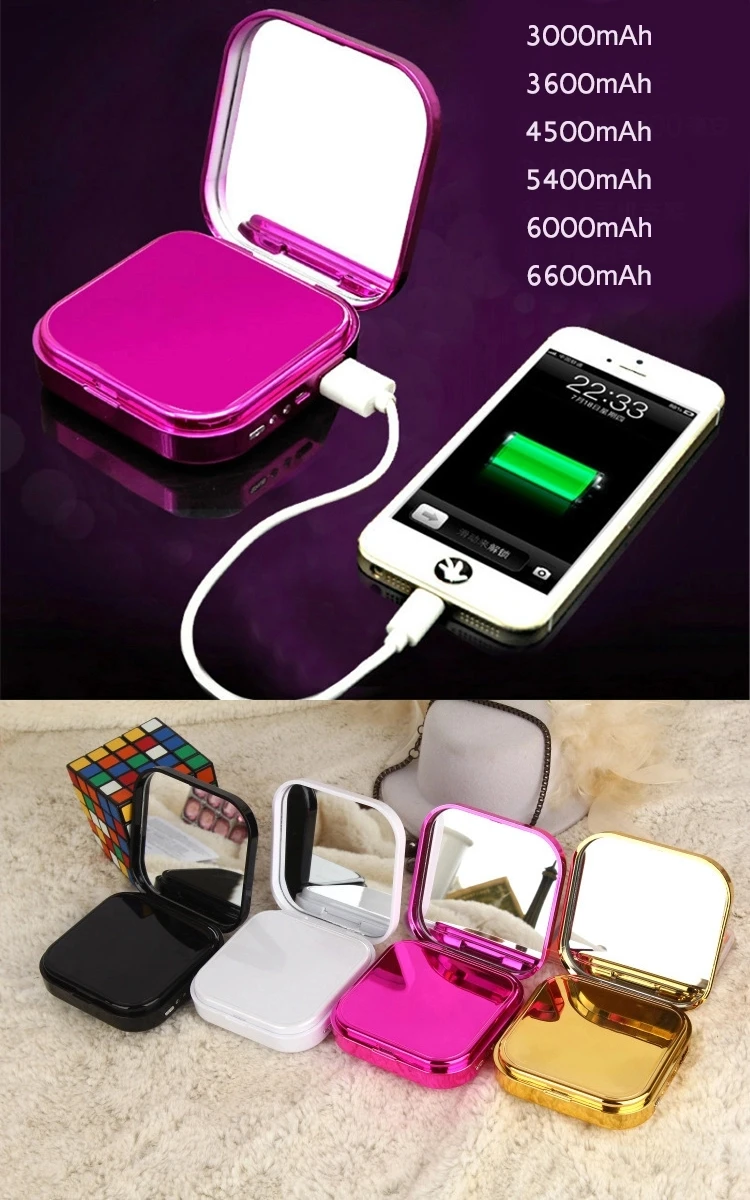 Makeup Compact Beauty Mirror Power Bank Usb Charger Portable Pocket