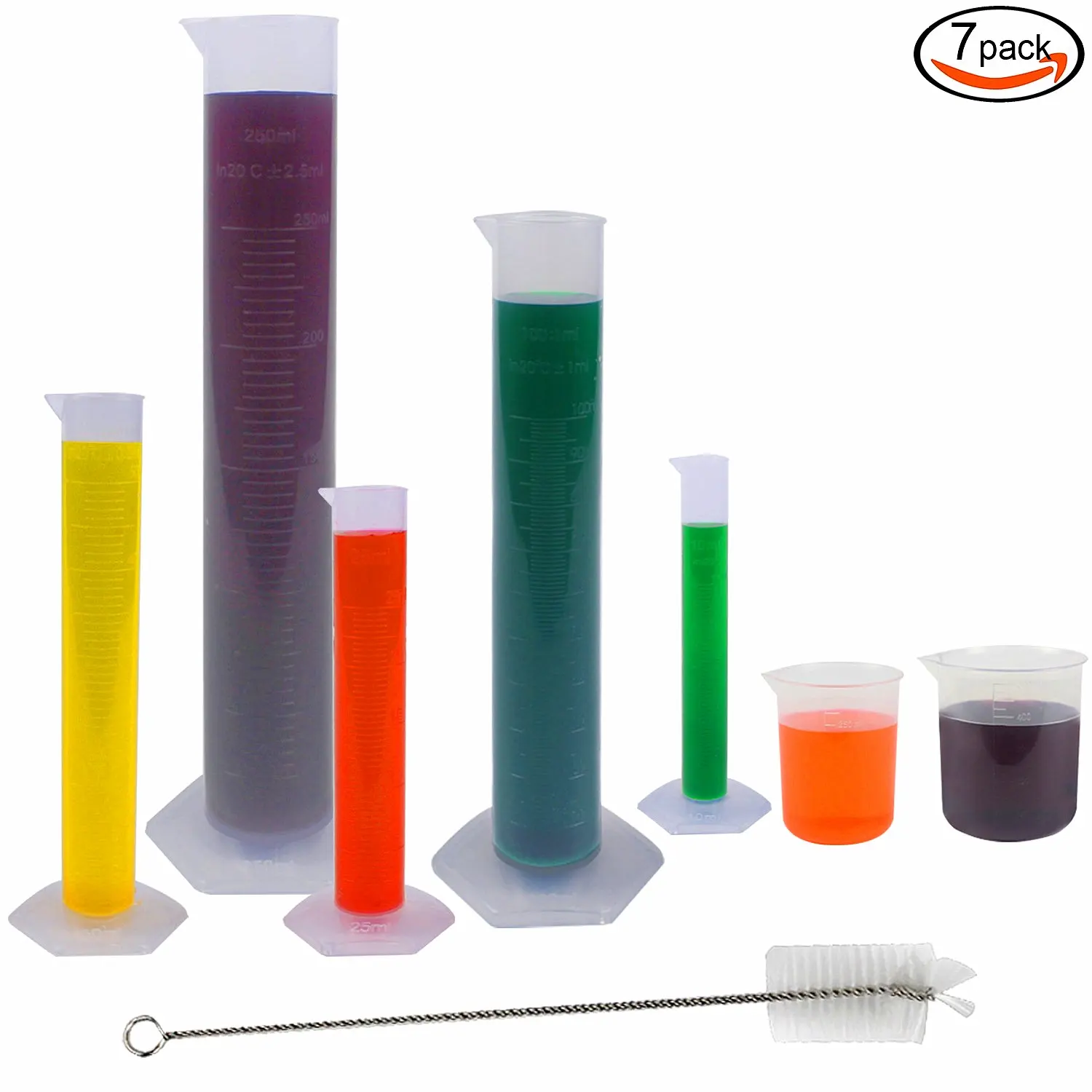 DEPEPE 5 Clear Plastic Graduated Cylinders Measure with 3 Plastic Beakers and 2 Test Tube Brushes